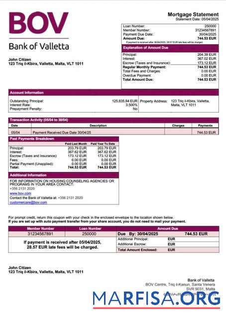 Realistic Malta Bank of Valletta mortgage statement Word and PDF template